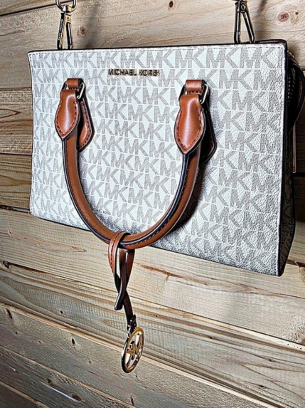 Michael Kors Logo Satchel in White & Brown